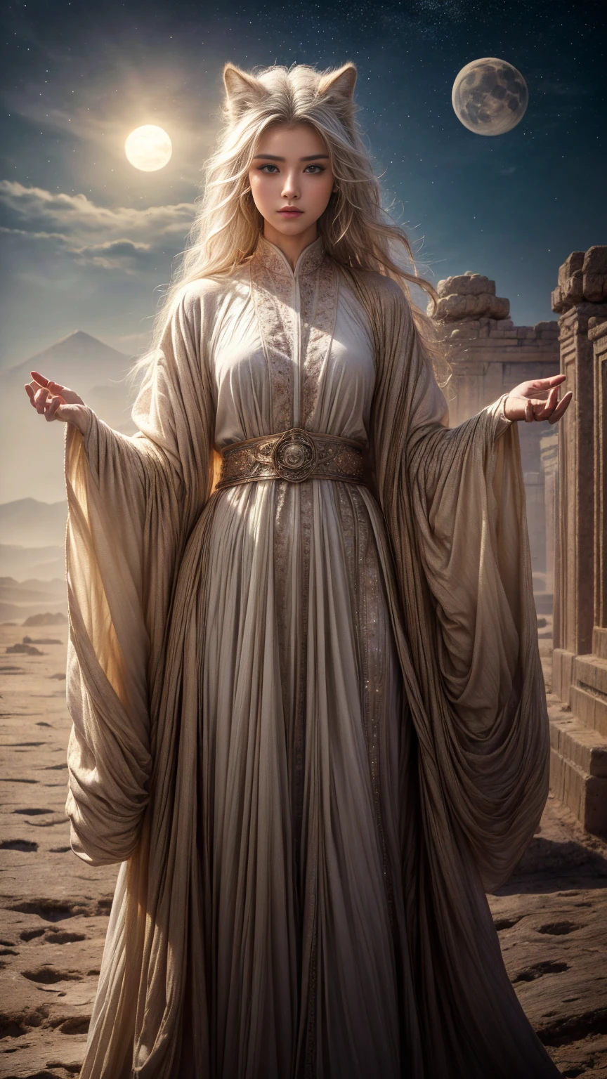 (highest quality、masterpiece、8k、Best image quality、Ultra-high resolution、Award-winning works)、A beautiful white-haired girl watches us from afar in the desert, Where light shines from the moon.、Ancient Islamic clothing、Beautiful face drawn in every detail, (a real wolf next to her)