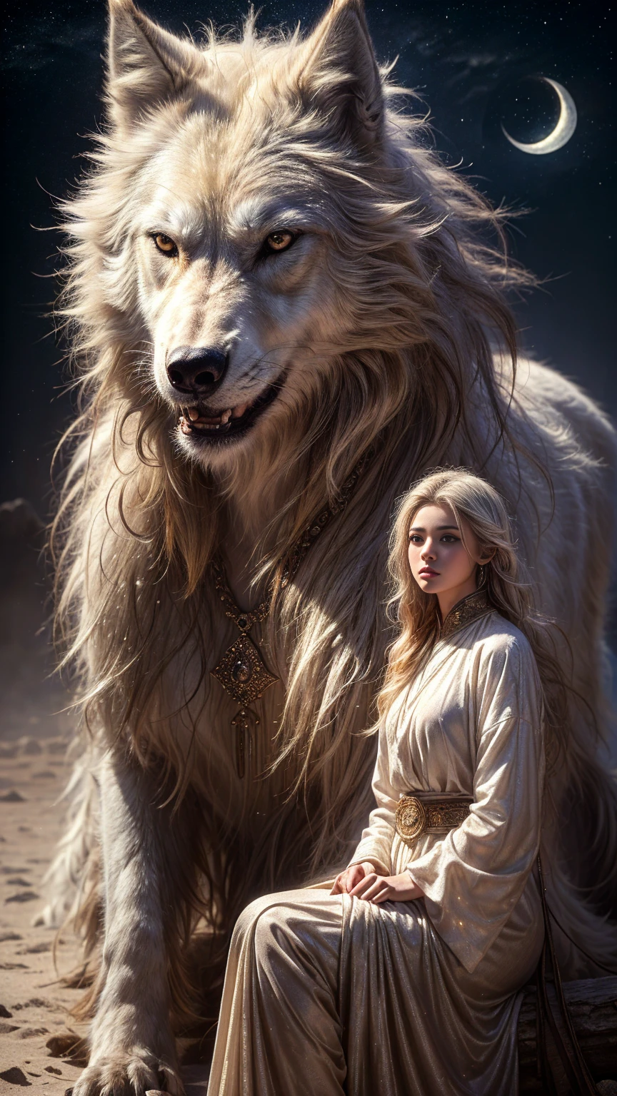 (highest quality、masterpiece、8k、Best image quality、Ultra-high resolution、Award-winning works)、A beautiful white-haired girl watches us from afar in the desert, Where light shines from the moon.、Ancient Islamic clothing、Beautiful face drawn in every detail, (a real wolf next to her)