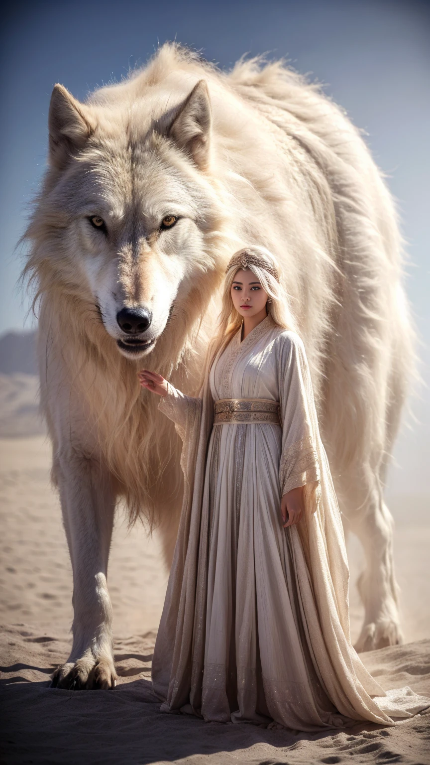 (highest quality、masterpiece、8k、Best image quality、Ultra-high resolution、Award-winning works)、A beautiful white-haired girl watches us from afar in the desert, Where light shines from the moon.、Ancient Islamic clothing、Beautiful face drawn in every detail, (a real wolf next to her)
