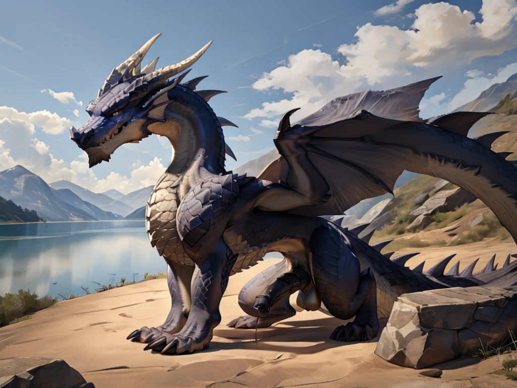 Dragon, realistic scalie, feral, anatomicamente animal, lago, balls and equine penis, standing, all fours, solo, large body, large paws, gray body, small waist, large tail