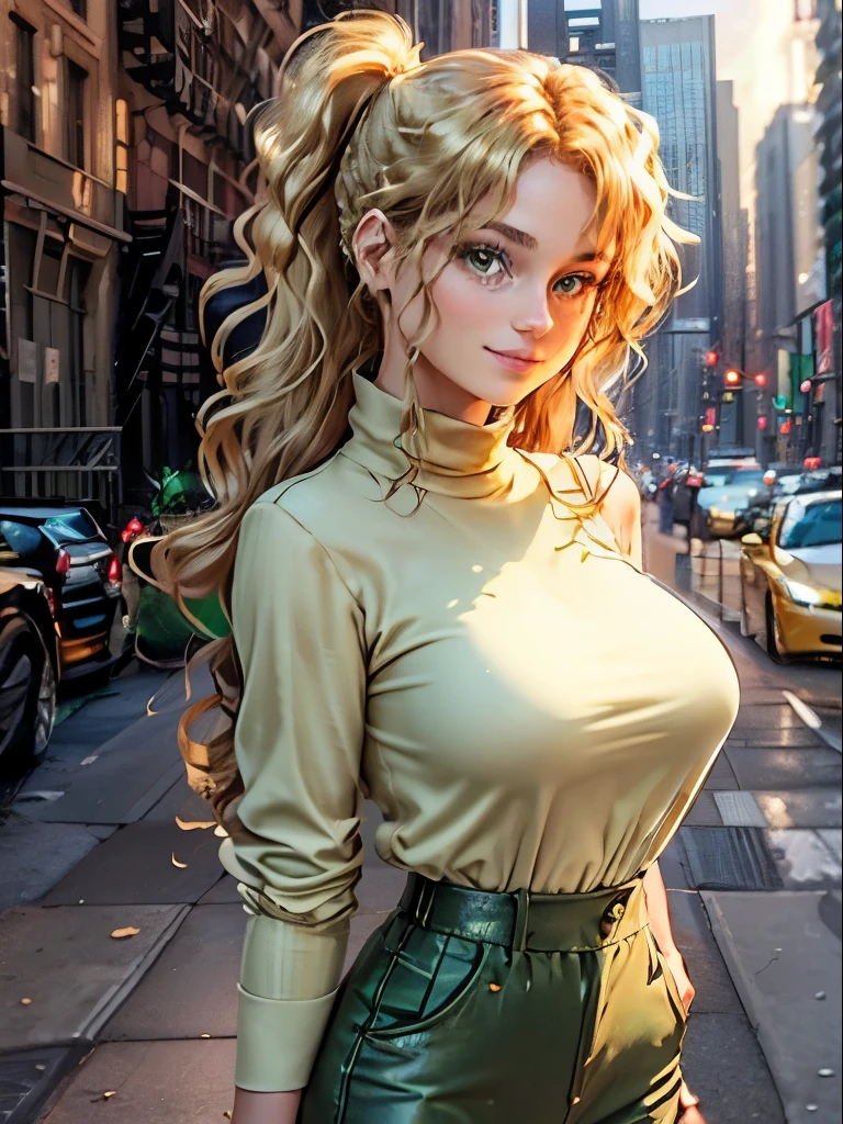 Female((30-years old)), hair((Wavy, Golden brown)), Eyes((smart Eyes, Green)), Clothes((New York Fashion Week, light Green)),  Smiling, Breast Out, Ponytail, Accessories,