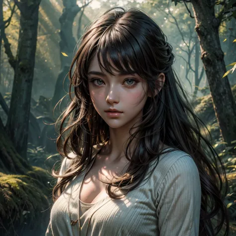 Girl Standing in the Forest: Relaxed Posture, Anime Style, Dark Hair, Brown Eyes, Soft Lighting Effects, Dappled Sunlight Filter...