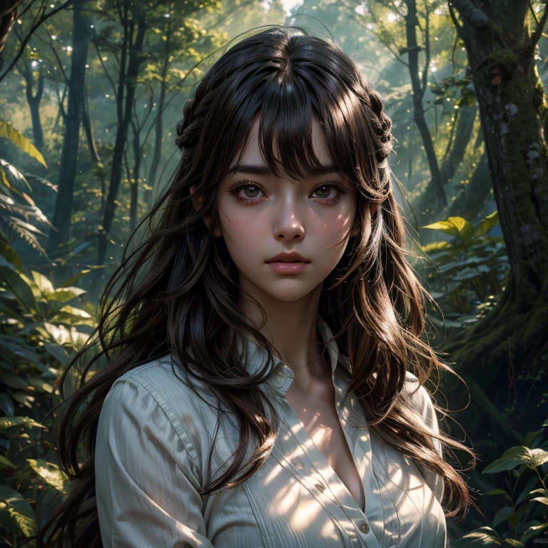 Girl Standing in the Forest: Relaxed Posture, Anime Style, Dark Hair, Brown Eyes, Soft Lighting Effects, Dappled Sunlight Filtering Through the Canopy, Elaborate Anime Details - Ultra-Fine, High Quality, Realistic Anime, Cinematic Lighting, Wide-Angle Lens, Subtle Shading, Dynamic Hairdo, Loose Hair with Tendrils Framing Face, Deep, Expressive Eyes Gazing into the Distance, High Resolution, Ultra Detailed, Masterpiece, Illustration, CG, Unified, 4K Wallpaper, Incredible, Fine Detail, Best Quality