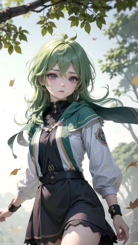 (high detail:1.2) anime girl, (cinematic lighting, delicate colors), (falling leaves:1.2), lighting calm, wind, fog. turquoise, ...