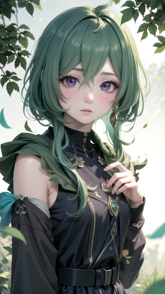 (High Detail:1.2) Anime Girl, (Cinematic Lighting, Delicate Colors), (Falling Leaves:1.2), Lighting Calm, Wind, Fog. Turquoise, delta tones.