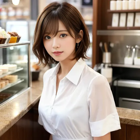 super high quality, Fashion Model, short hair, thin, The staff is working at the counter in the back.., (8k、RAW Photos、highest q...