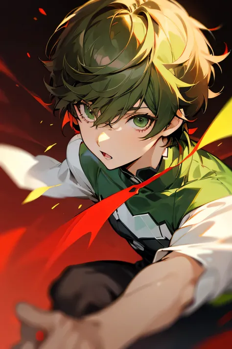 anime boy. brown straight short boy hair. straight bangs. light green eyes. eyes are ombré. half green half red. red at bottom o...