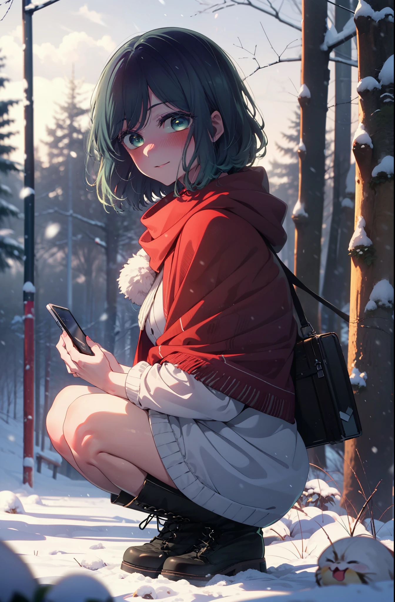 akanekurokawa, akane kurokawa, bangs, (Green Eyes:1.3), Blue Hair, Medium Hair, dark Blue Hair,smile,blush,White Breath,
Open your mouth,snow,Ground bonfire, Outdoor, boots, snowing, From the side, wood, suitcase, Cape, Blurred, , forest, White handbag, nature,  Squat, Mouth closed, Cape, winter, Written boundary depth, Black shoes, red Cape break looking at viewer, Upper Body, whole body, break Outdoor, forest, nature, break (masterpiece:1.2), highest quality, High resolution, unity 8k wallpaper, (shape:0.8), (Beautiful and beautiful eyes:1.6), Highly detailed face, Perfect lighting, Extremely detailed CG, (Perfect hands, Perfect Anatomy),