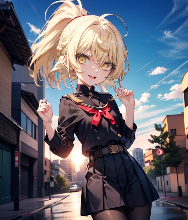 Ice Wallenstein, Wallenstein, blonde hair, hair between eyes, hair band, long hair, (yellow eyes:1.5), ponytail,short braided hair,happy smile, smile, open your mouth,black sailor suit,black pleated skirt,black pantyhose,brown loafers,evening,sunset,break looking at viewer, break outdoors,city,building street, break (masterpiece:1.2), highest quality, High resolution, unity 8k wallpaper, (shape:0.8), (fine and beautiful eyes:1.6), highly detailed face, perfect lighting, Very detailed CG, (perfect hands, perfect anatomy),