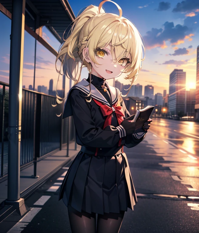 Ice Wallenstein, Wallenstein, blonde hair, hair between eyes, hair band, long hair, (yellow eyes:1.5), ponytail,short braided hair,happy smile, smile, open your mouth,black sailor suit,black pleated skirt,black pantyhose,brown loafers,evening,sunset,break looking at viewer, break outdoors,city,building street, break (masterpiece:1.2), highest quality, High resolution, unity 8k wallpaper, (shape:0.8), (fine and beautiful eyes:1.6), highly detailed face, perfect lighting, Very detailed CG, (perfect hands, perfect anatomy),