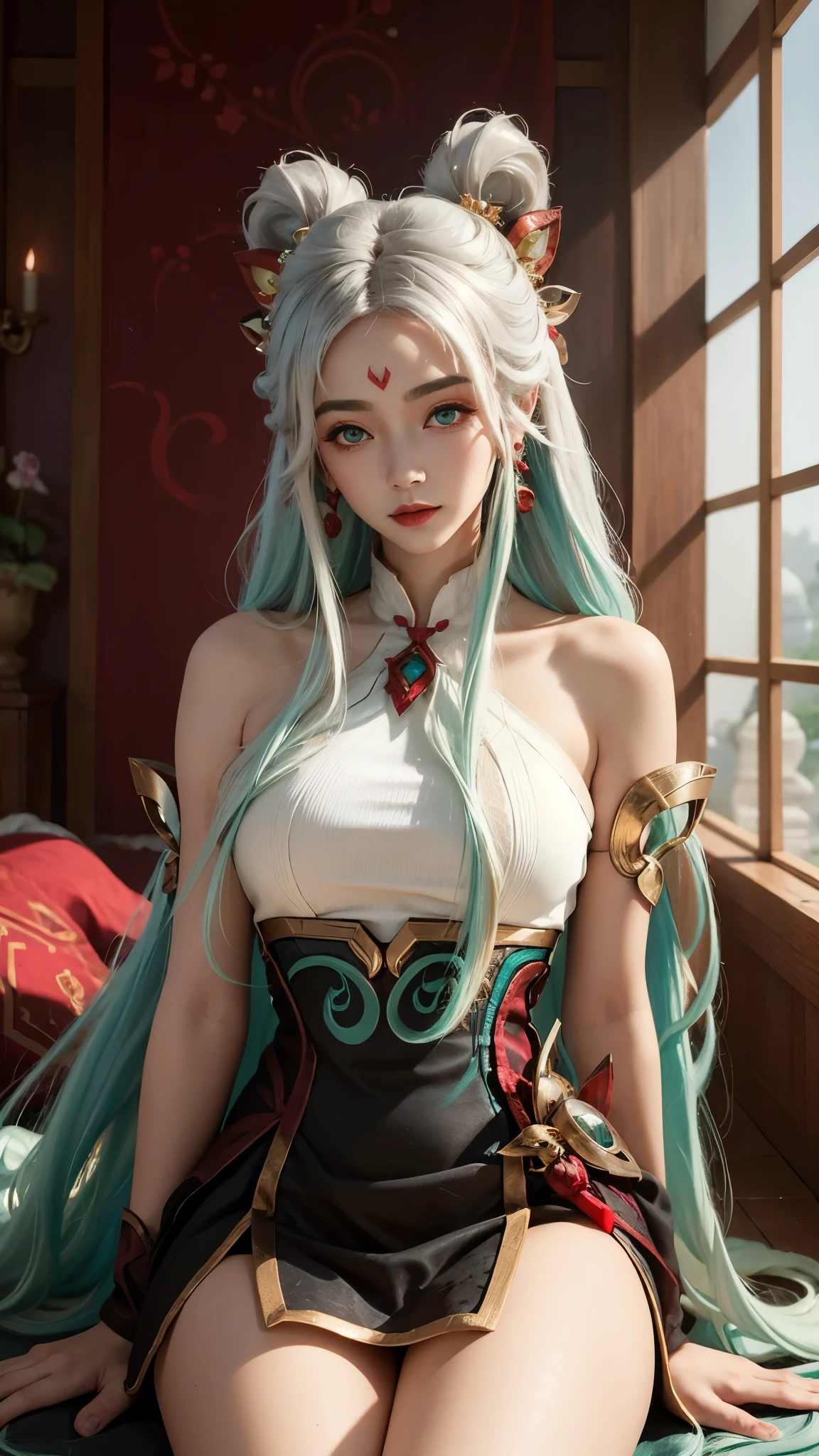 (masterpiece, best quality:1.2), intricate details, mythmaker irelia, 1girl, hair ornament, hair rings, bare shoulders, dress, detached sleeves, forehead mark, multicolored hair, white hair, earrings, green eyes, textured skin, looking at viewer, solo, light smile, (mature female:1.2),sexy pose