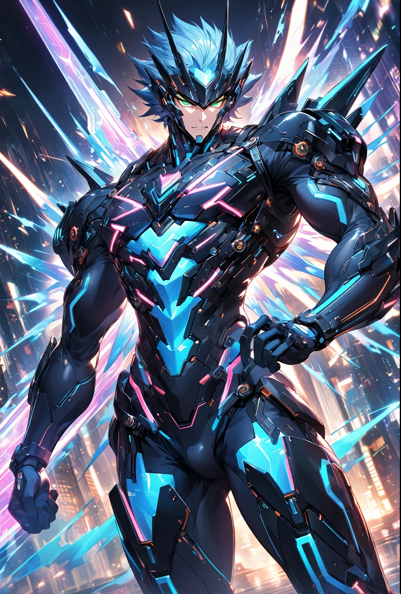 A dynamic male character in a futuristic black and blue cyber suit with glowing LED lines, short spiky blue hair, and sharp green eyes. He is tall, muscular, and has an energy backpack on his back. The character is in a combat pose, wielding energy blades, with a serious and focused expression. The background is a digital cityscape with floating holographic elements and light effects, representing a cybernetic world.,Battle Style,Dynamic Pose,cool,The best composition,Intricate details,Very detailed,Disorganized,Anatomically correct