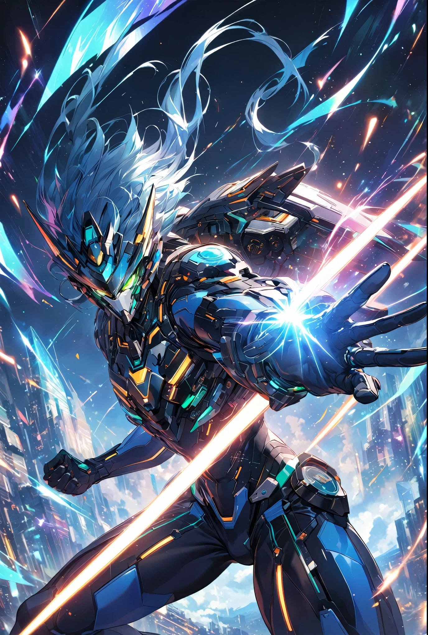 A dynamic male character in a futuristic black and blue cyber suit with glowing LED lines, short spiky blue hair, and sharp green eyes. He is tall, muscular, and has an energy backpack on his back. The character is in a combat pose, wielding energy blades, with a serious and focused expression. The background is a digital cityscape with floating holographic elements and light effects, representing a cybernetic world.,Battle Style,Dynamic Pose,cool,The best composition,Intricate details,Very detailed,Disorganized,Anatomically correct