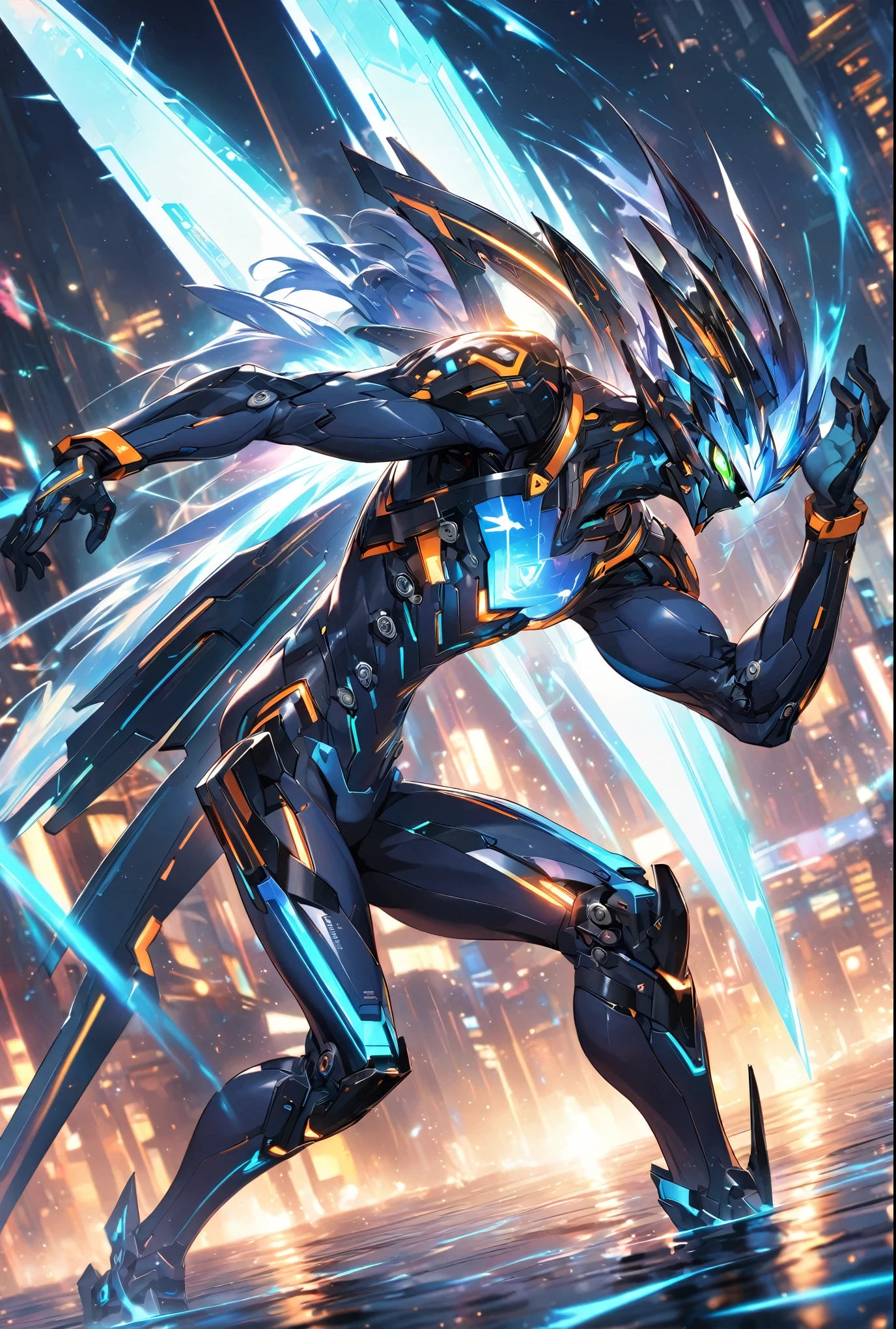 A dynamic male character in a futuristic black and blue cyber suit with glowing LED lines, short spiky blue hair, and sharp green eyes. He is tall, muscular, and has an energy backpack on his back. The character is in a combat pose, wielding energy blades, with a serious and focused expression. The background is a digital cityscape with floating holographic elements and light effects, representing a cybernetic world.,Battle Style,Dynamic Pose,cool,The best composition,Intricate details,Very detailed,Disorganized,Anatomically correct