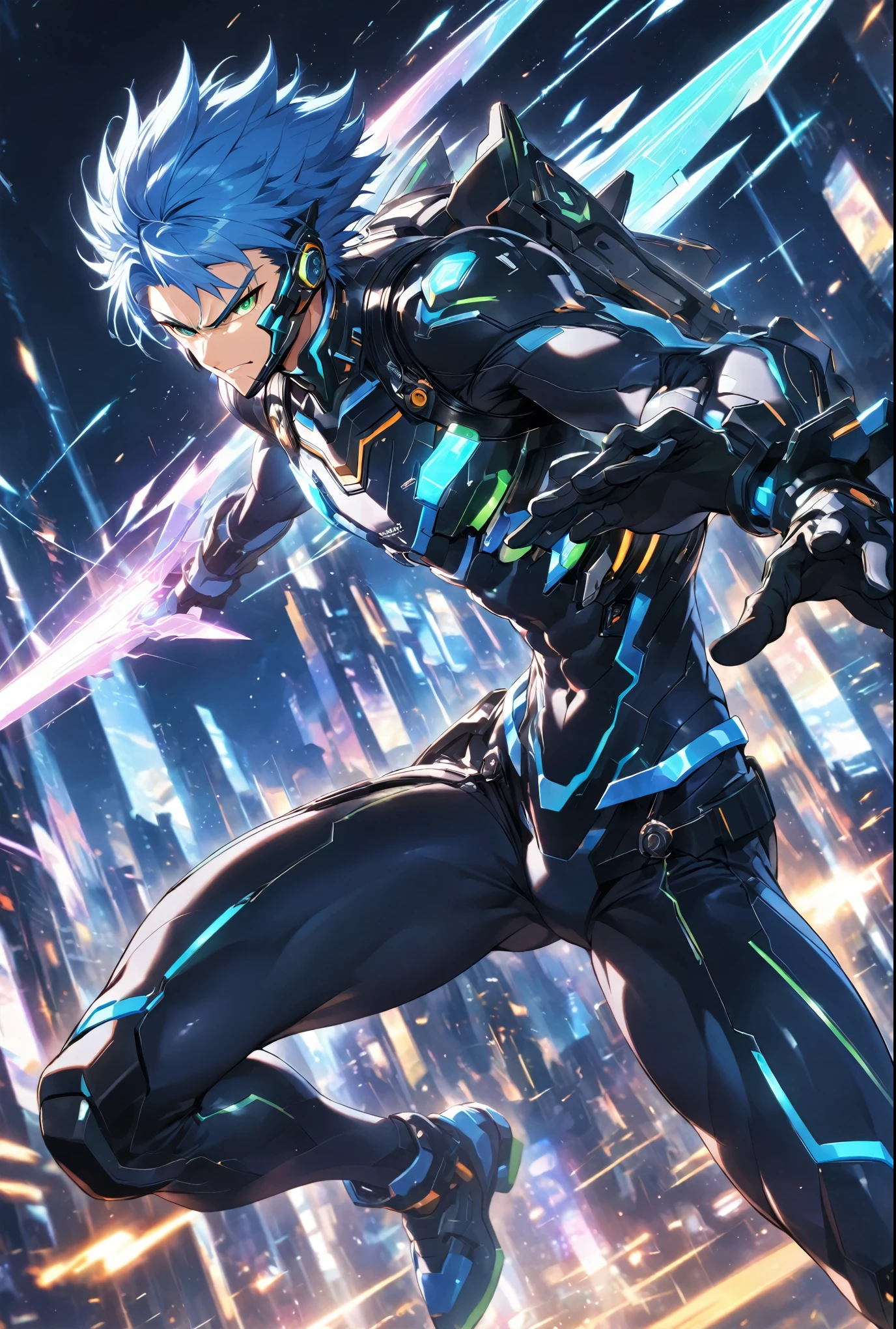 A dynamic male character in a futuristic black and blue cyber suit with glowing LED lines, short spiky blue hair, and sharp green eyes. He is tall, muscular, and has an energy backpack on his back. The character is in a combat pose, wielding energy blades, with a serious and focused expression. The background is a digital cityscape with floating holographic elements and light effects, representing a cybernetic world.