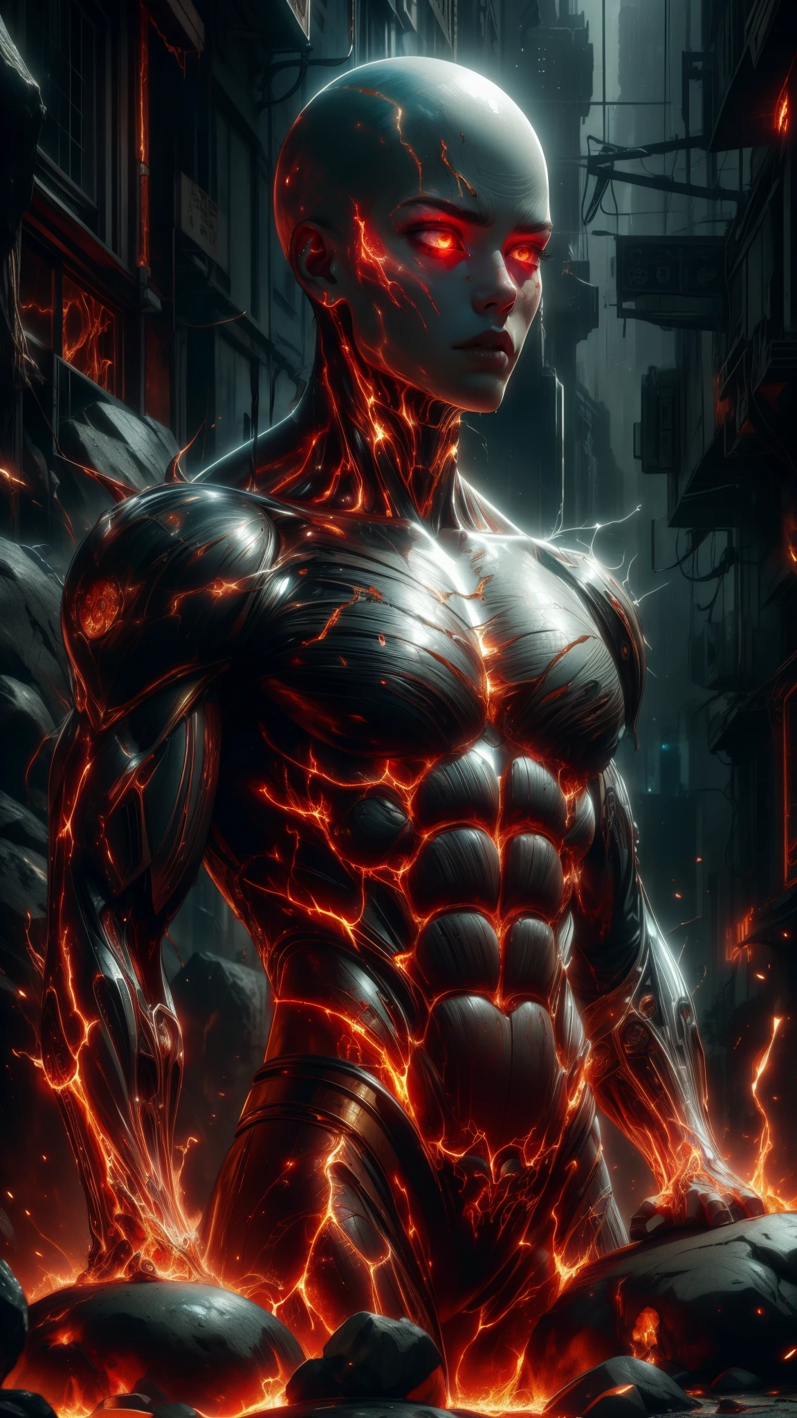 Artwork (absurd, highres, extremely detailed) (masterpiece), (extremely complex: 1.3), (realistic), cyberpunk city, Cinematic lighting, 8k, (masterpiece), 1 20-year-old Saitama, burnt clothes, (light skin: 1.3), (((molten stone skin)))