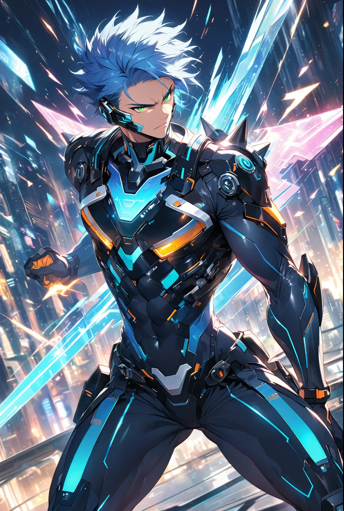 A dynamic male character in a futuristic black and blue cyber suit with glowing LED lines, short spiky blue hair, and sharp green eyes. He is tall, muscular, and has an energy backpack on his back. The character is in a combat pose, wielding energy blades, with a serious and focused expression. The background is a digital cityscape with floating holographic elements and light effects, representing a cybernetic world.