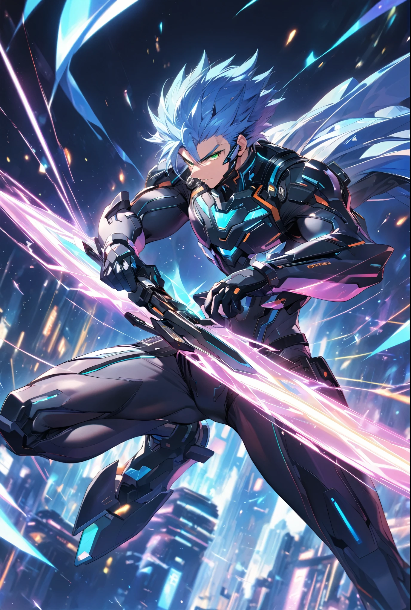 A dynamic male character in a futuristic black and blue cyber suit with glowing LED lines, short spiky blue hair, and sharp green eyes. He is tall, muscular, and has an energy backpack on his back. The character is in a combat pose, wielding energy blades, with a serious and focused expression. The background is a digital cityscape with floating holographic elements and light effects, representing a cybernetic world.