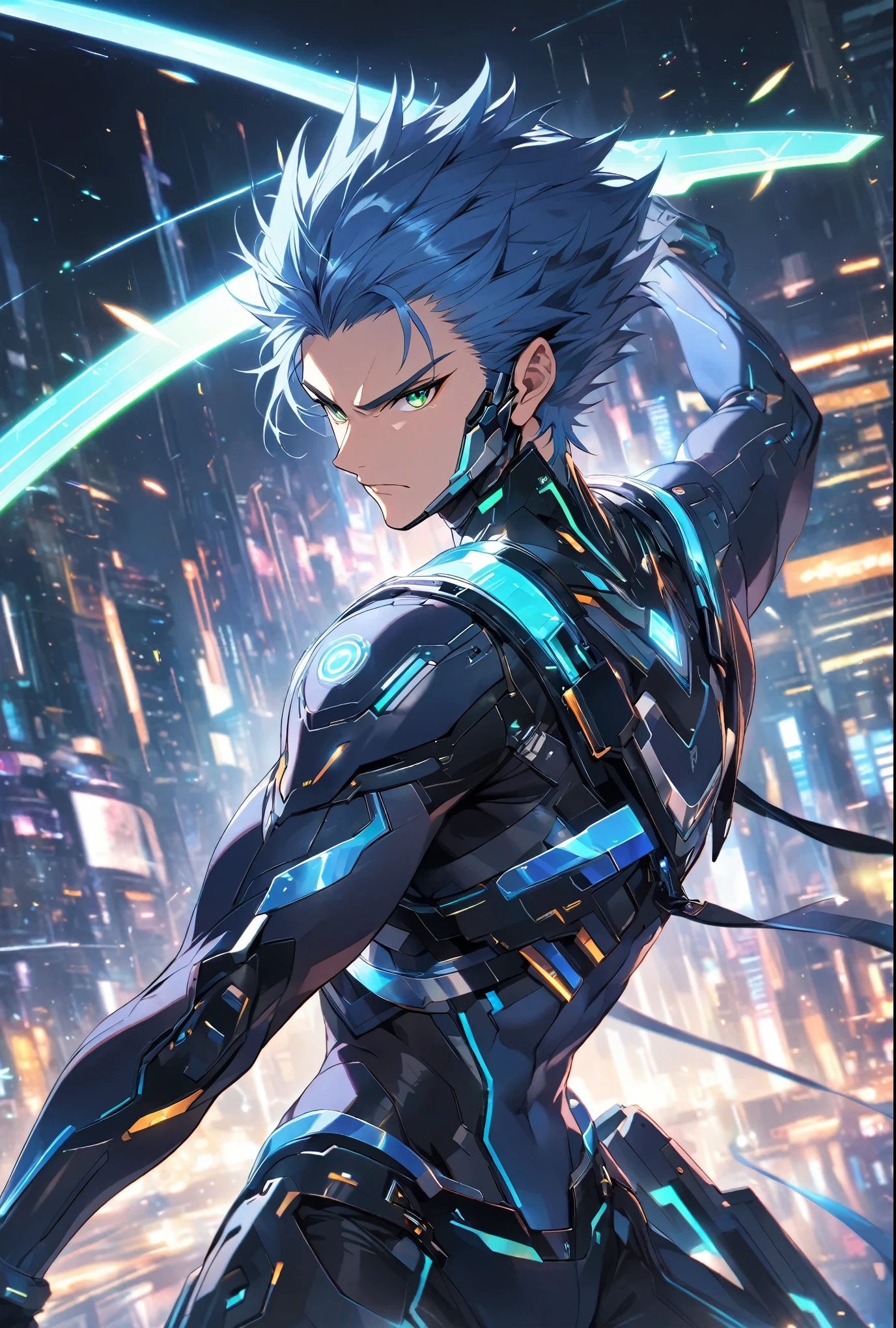 A dynamic male character in a futuristic black and blue cyber suit with glowing LED lines, short spiky blue hair, and sharp green eyes. He is tall, muscular, and has an energy backpack on his back. The character is in a combat pose, wielding energy blades, with a serious and focused expression. The background is a digital cityscape with floating holographic elements and light effects, representing a cybernetic world.