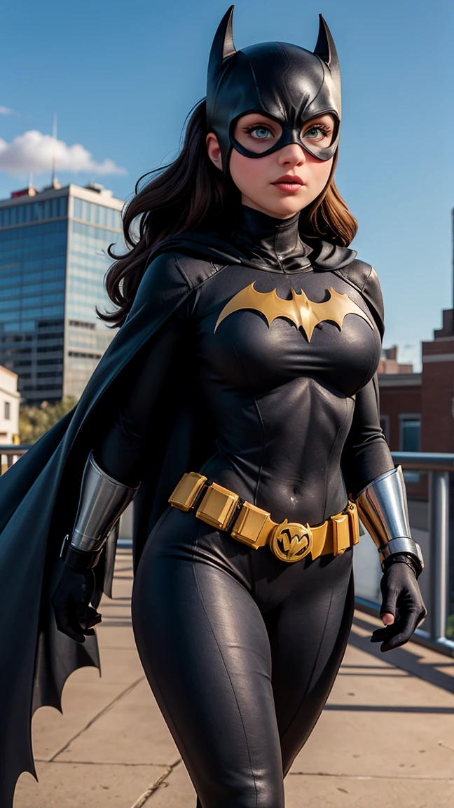 8K, Ultra HD, super details, high quality, high resolution. The heroine Batgirl looks beautiful in a full-length photo, her body is sculptural, her long black wavy hair is radiant in a perfect combination with her white skin, her bright blue eyes mesmerize everyone. She is wearing her heroine costume. It consists of a mask that covers the upper part of the face, leaving your eyes visible, and a tight bodysuit. It can be black, dark blue or purple, the material is made of resistant and elastic fabric to provide protection and allow agile movements, on the chest of the costume, there is a bat symbol similar to the Batman symbol, she wears a utility belt that contains a variety of useful devices and equipment for your missions, Batgirl's boots and gloves are made of resistant material to protect her hands and feet during combat, she wears a black cape, an aesthetic element of the costume. she looks very sexy, drawing attention to her big breasts and thick legs.