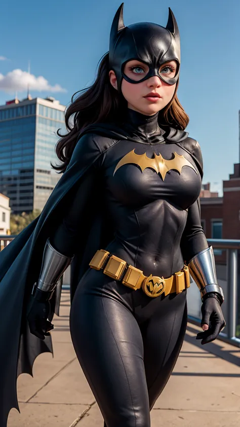 8K, Ultra HD, super details, high quality, high resolution. The heroine Batgirl looks beautiful in a full-length photo, her body...