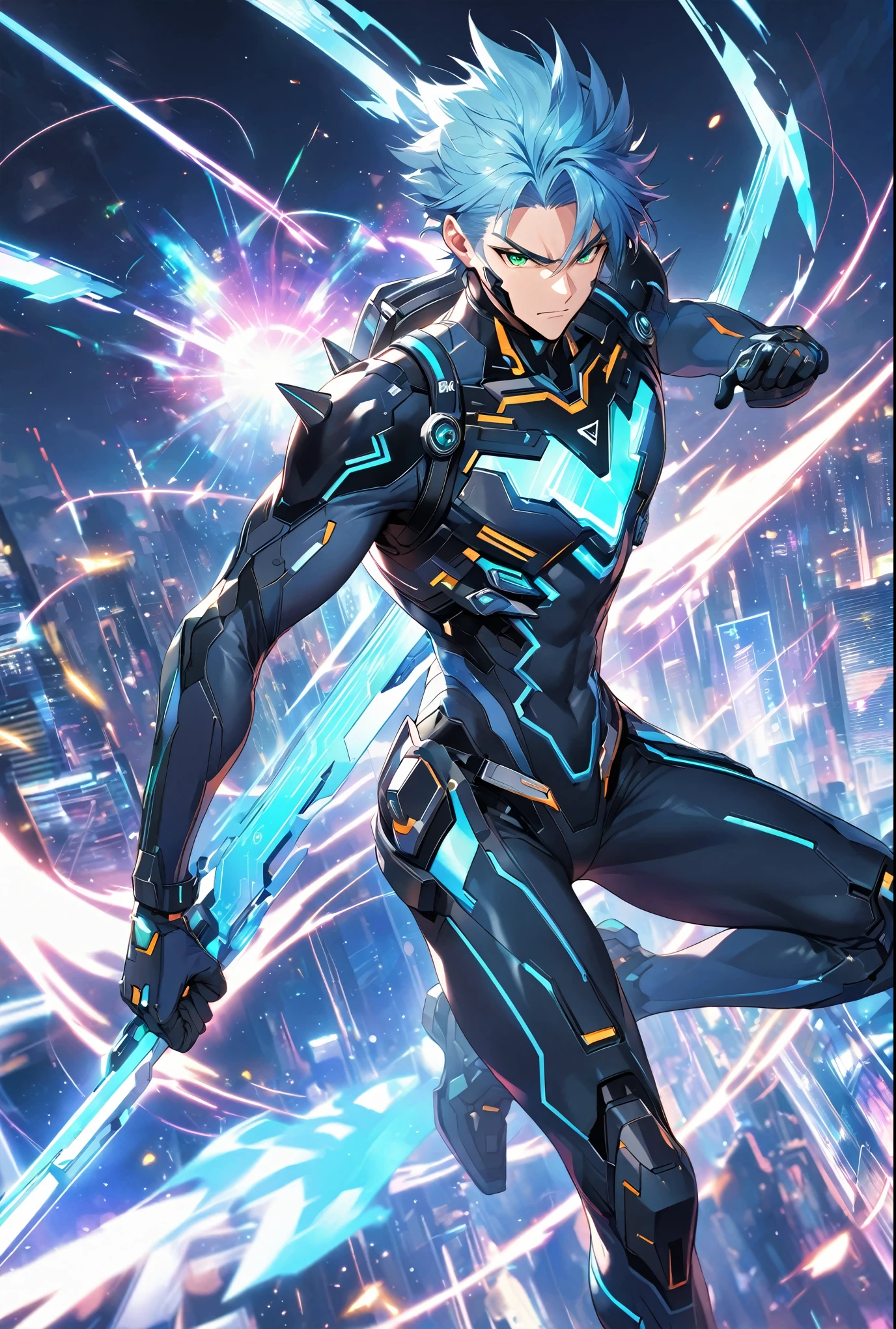 A dynamic male character in a futuristic black and blue cyber suit with glowing LED lines, short spiky blue hair, and sharp green eyes. He is tall, muscular, and has an energy backpack on his back. The character is in a combat pose, wielding energy blades, with a serious and focused expression. The background is a digital cityscape with floating holographic elements and light effects, representing a cybernetic world.