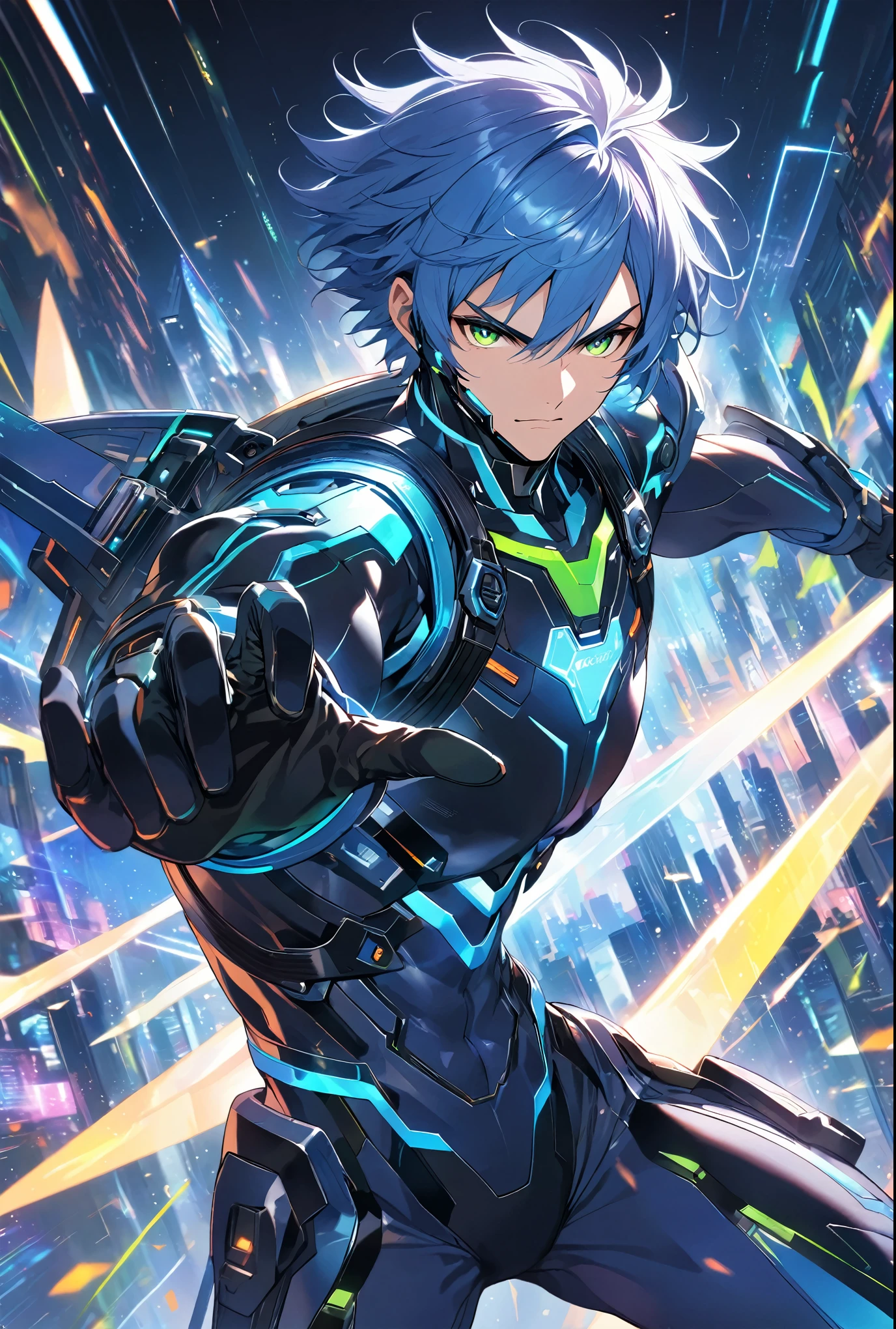 A dynamic male character in a futuristic black and blue cyber suit with glowing LED lines, short spiky blue hair, and sharp green eyes. He is tall, muscular, and has an energy backpack on his back. The character is in a combat pose, wielding energy blades, with a serious and focused expression. The background is a digital cityscape with floating holographic elements and light effects, representing a cybernetic world.