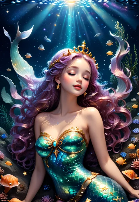 Mermaid Princess, In the quiet of the night, the mermaid princess looked up at the stars in the sky. She lightly closed her eyes...