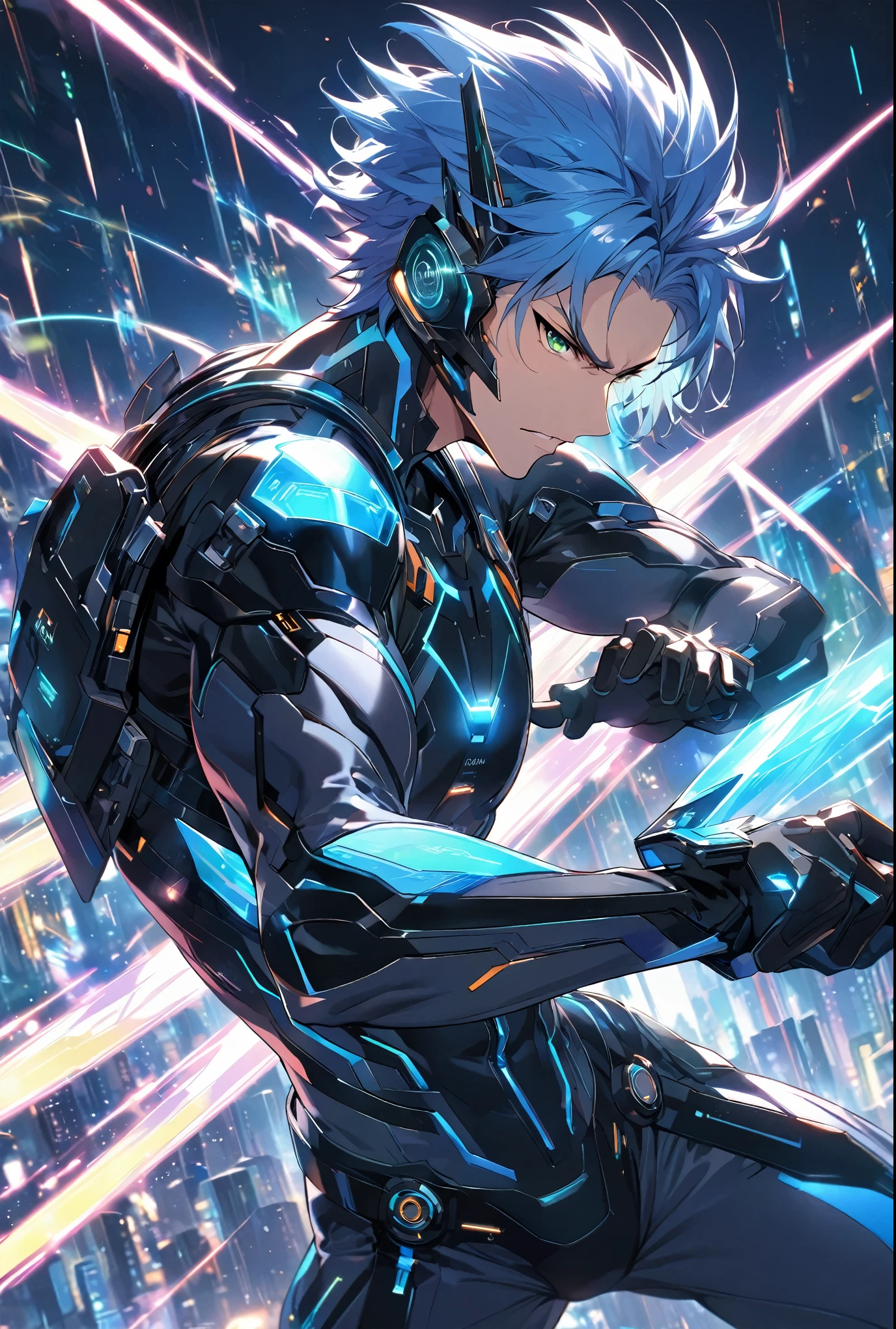 A dynamic male character in a futuristic black and blue cyber suit with glowing LED lines, short spiky blue hair, and sharp green eyes. He is tall, muscular, and has an energy backpack on his back. The character is in a combat pose, wielding energy blades, with a serious and focused expression. The background is a digital cityscape with floating holographic elements and light effects, representing a cybernetic world.