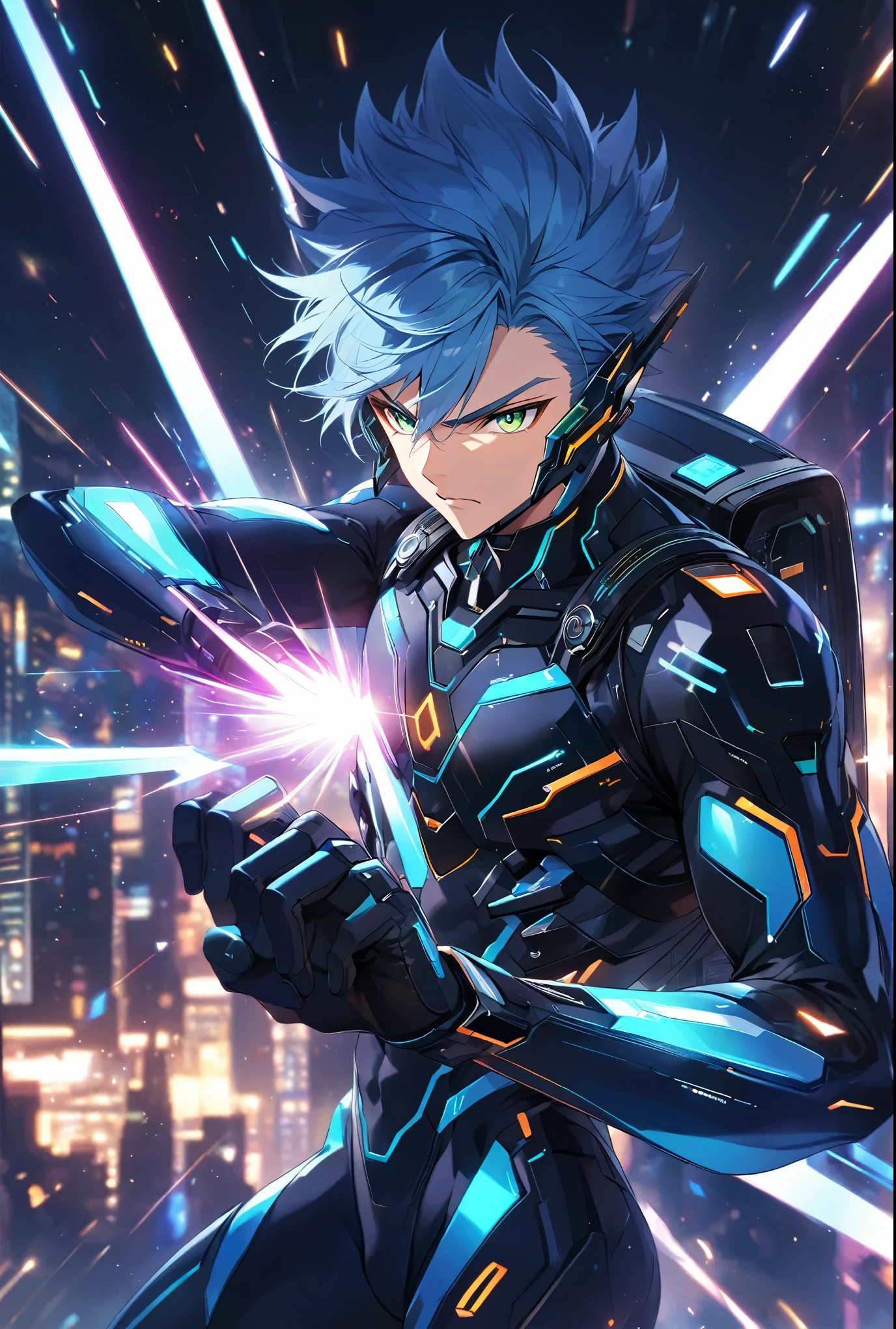 A dynamic male character in a futuristic black and blue cyber suit with glowing LED lines, short spiky blue hair, and sharp green eyes. He is tall, muscular, and has an energy backpack on his back. The character is in a combat pose, wielding energy blades, with a serious and focused expression. The background is a digital cityscape with floating holographic elements and light effects, representing a cybernetic world.