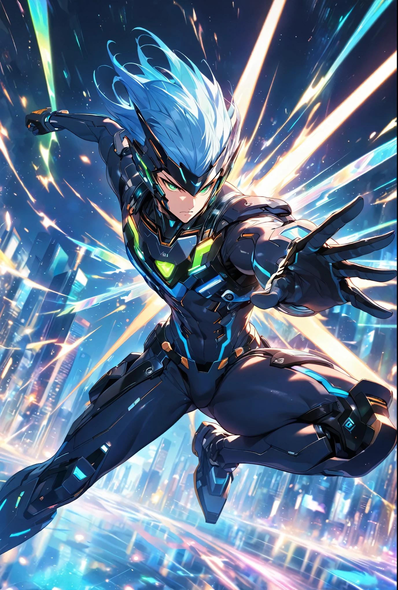 A dynamic male character in a futuristic black and blue cyber suit with glowing LED lines, short spiky blue hair, and sharp green eyes. He is tall, muscular, and has an energy backpack on his back. The character is in a combat pose, wielding energy blades, with a serious and focused expression. The background is a digital cityscape with floating holographic elements and light effects, representing a cybernetic world.