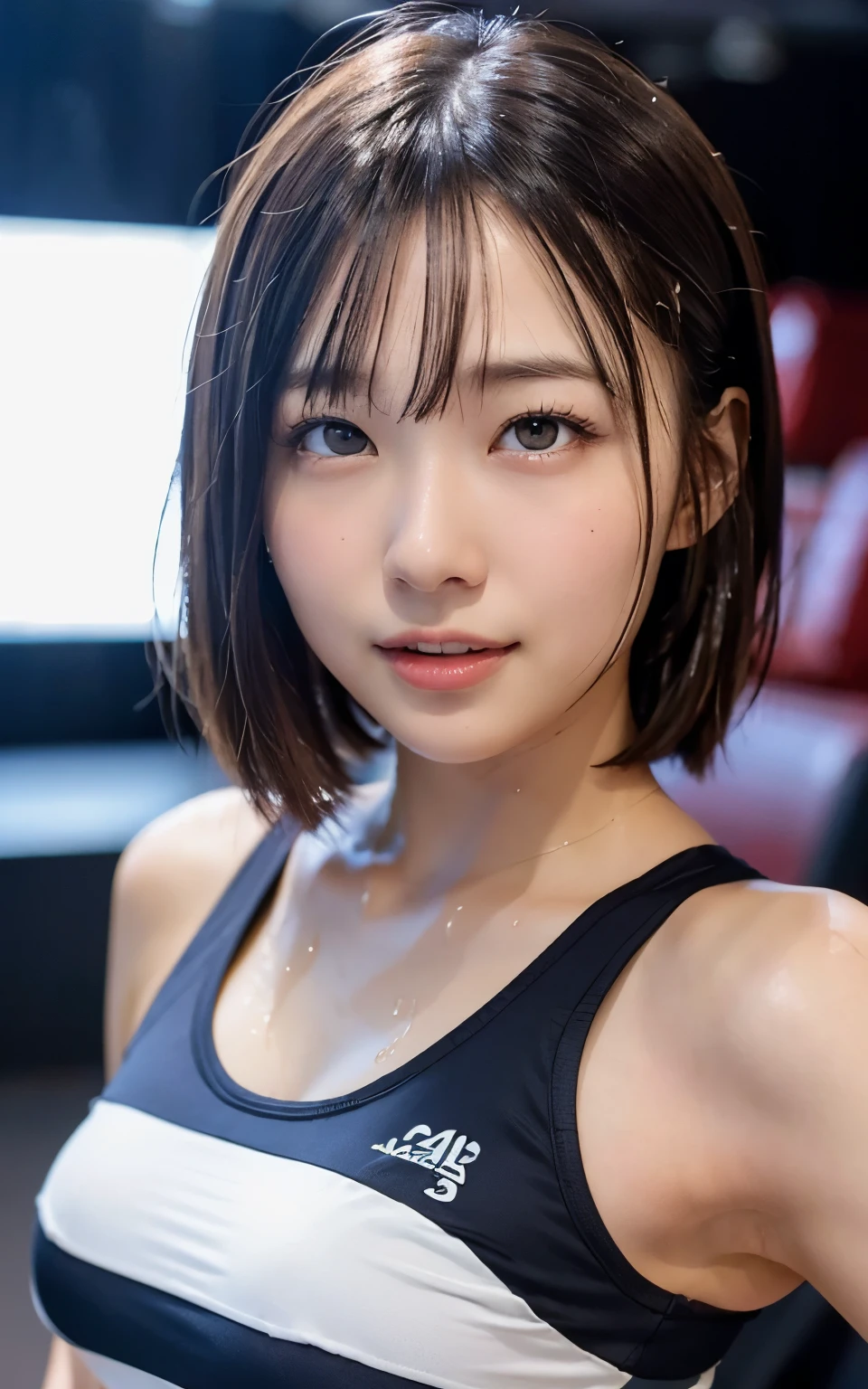 Realistic: 1.4, highest quality, 8k,Wet:1.3, ( 20-year-old, Cheerleader、Sportswear, Sweat: 1.2, Black Hairの), Fine skin, (Cinema Lighting),  Soft Light, double eyelid, alone、boyish、Large Breasts、Cowboy Shot、Wet:1.1、Embarrassed look、smile、Open your mouth、Random hairstyles for short hair and updos、Black Hair