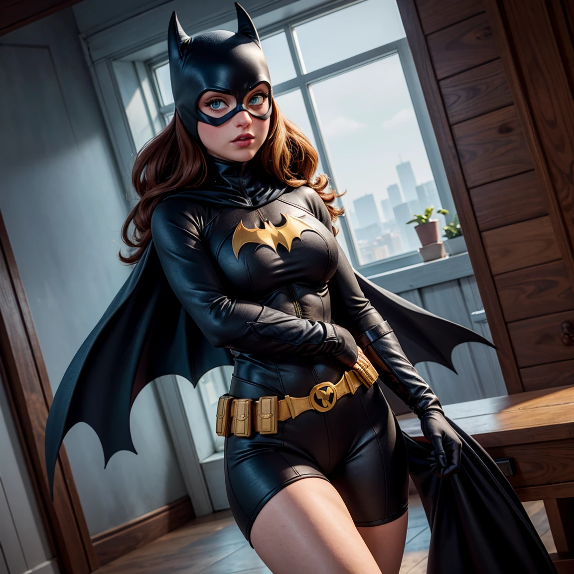 8K, Ultra HD, super details, high quality, high resolution. The heroine Batgirl looks beautiful in a full-length photo, her body is sculptural, her long black wavy hair is radiant in a perfect combination with her white skin, her bright blue eyes mesmerize everyone. She is wearing her heroine costume. It consists of a mask that covers the upper part of the face, leaving the eyes visible, and a tight bodysuit. It can be black, dark blue or purple, the material is made of resistant and elastic fabric to provide protection and allow agile movements, on the chest of the costume there is a bat symbol similar to the Batman symbol, she wears a utility belt that contains a variety of useful devices and equipment for her missions, Batgirl's boots and gloves are made of resistant material to protect her hands and feet during combat, she wears a black cape, an aesthetic element of the costume. She looks very sexy, drawing attention to her big breasts and thick legs.