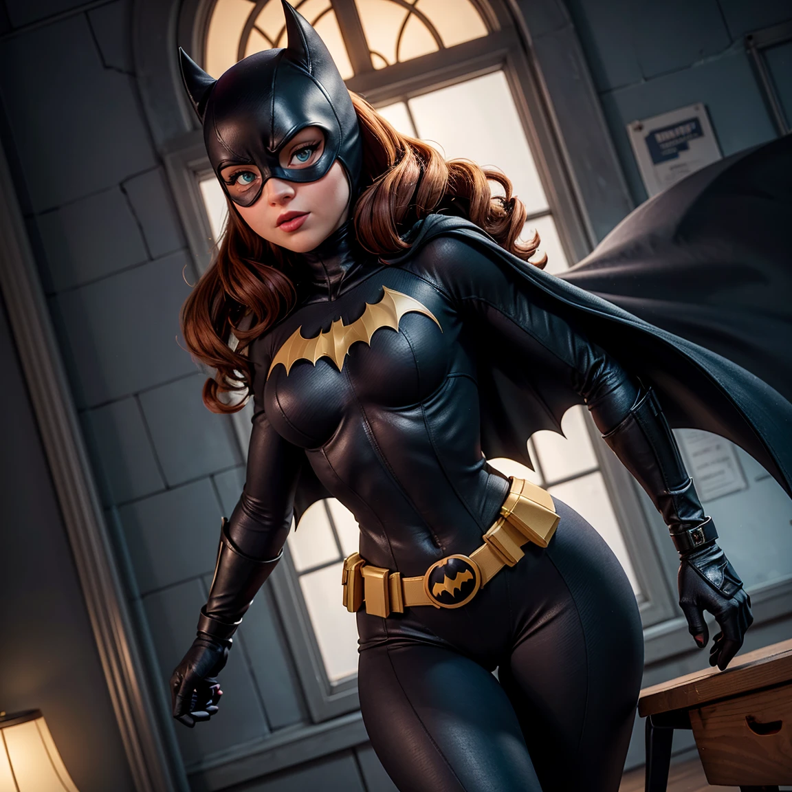 8k, Ultra HD, super détails, Haute qualité, haute résolution. L&#39;héroïne Batgirl est magnifique sur une photo en pied, son corps est sculptural, ses longs cheveux noirs ondulés sont radieux et se marient parfaitement avec sa peau blanche, ses yeux bleu vif hypnotisent tout le monde. Elle porte son costume d&#39;héroïne. Il s&#39;agit d&#39;un masque qui recouvre la partie supérieure du visage, laissant les yeux visibles, et un body moulant. ça peut être noir, Bleu foncé ou violet, le matériau est fait d&#39;un tissu résistant et élastique pour offrir une protection et permettre des mouvements agiles, sur la poitrine du costume se trouve un symbole de chauve-souris similaire au symbole Batman, elle porte une ceinture utilitaire contenant une variété d&#39;appareils et d&#39;équipements utiles pour ses missions, Les bottes et les gants de Batgirl sont fabriqués dans un matériau résistant pour protéger ses mains et ses pieds pendant le combat, elle porte une cape noire, un élément esthétique du costume. elle a l&#39;air très sexy, attirant l&#39;attention sur ses gros seins et ses jambes épaisses.