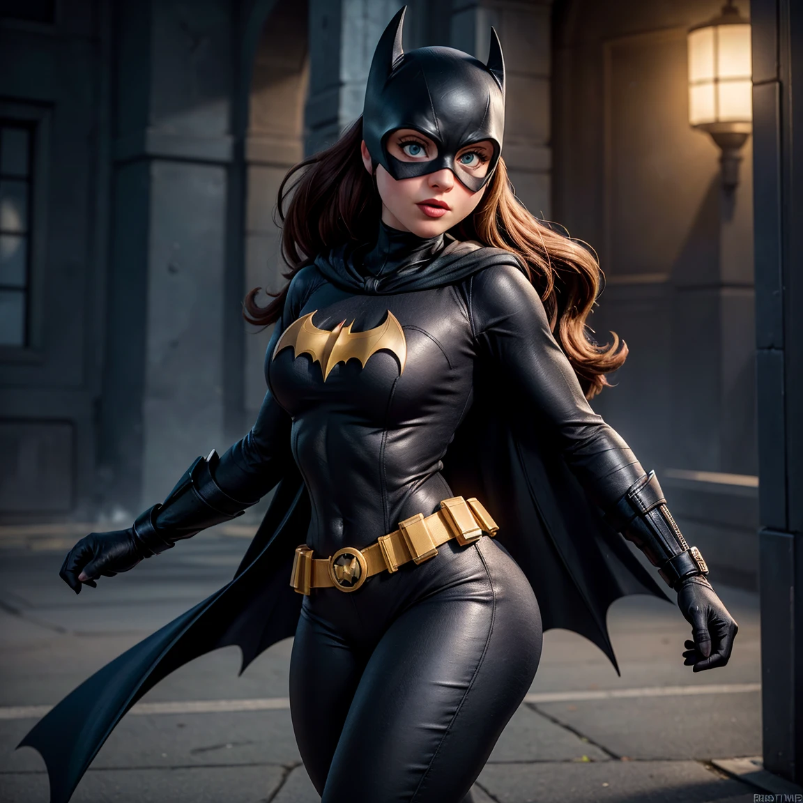 8K, Ultra HD, super details, high quality, high resolution. The heroine Batgirl looks beautiful in a full-length photo, her body is sculptural, her long black wavy hair is radiant in a perfect combination with her white skin, her bright blue eyes mesmerize everyone. She is wearing her heroine costume. It consists of a mask that covers the upper part of the face, leaving the eyes visible, and a tight bodysuit. It can be black, dark blue or purple, the material is made of resistant and elastic fabric to provide protection and allow agile movements, on the chest of the costume there is a bat symbol similar to the Batman symbol, she wears a utility belt that contains a variety of useful devices and equipment for her missions, Batgirl's boots and gloves are made of resistant material to protect her hands and feet during combat, she wears a black cape, an aesthetic element of the costume. She looks very sexy, drawing attention to her big breasts and thick legs.