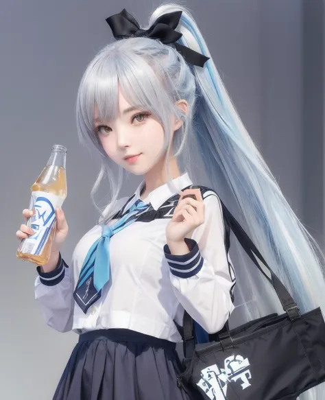 girl holding a bottle of soda and a bag, girls frontline style, visual of a cute girl, from girls frontline, fine details. girls...