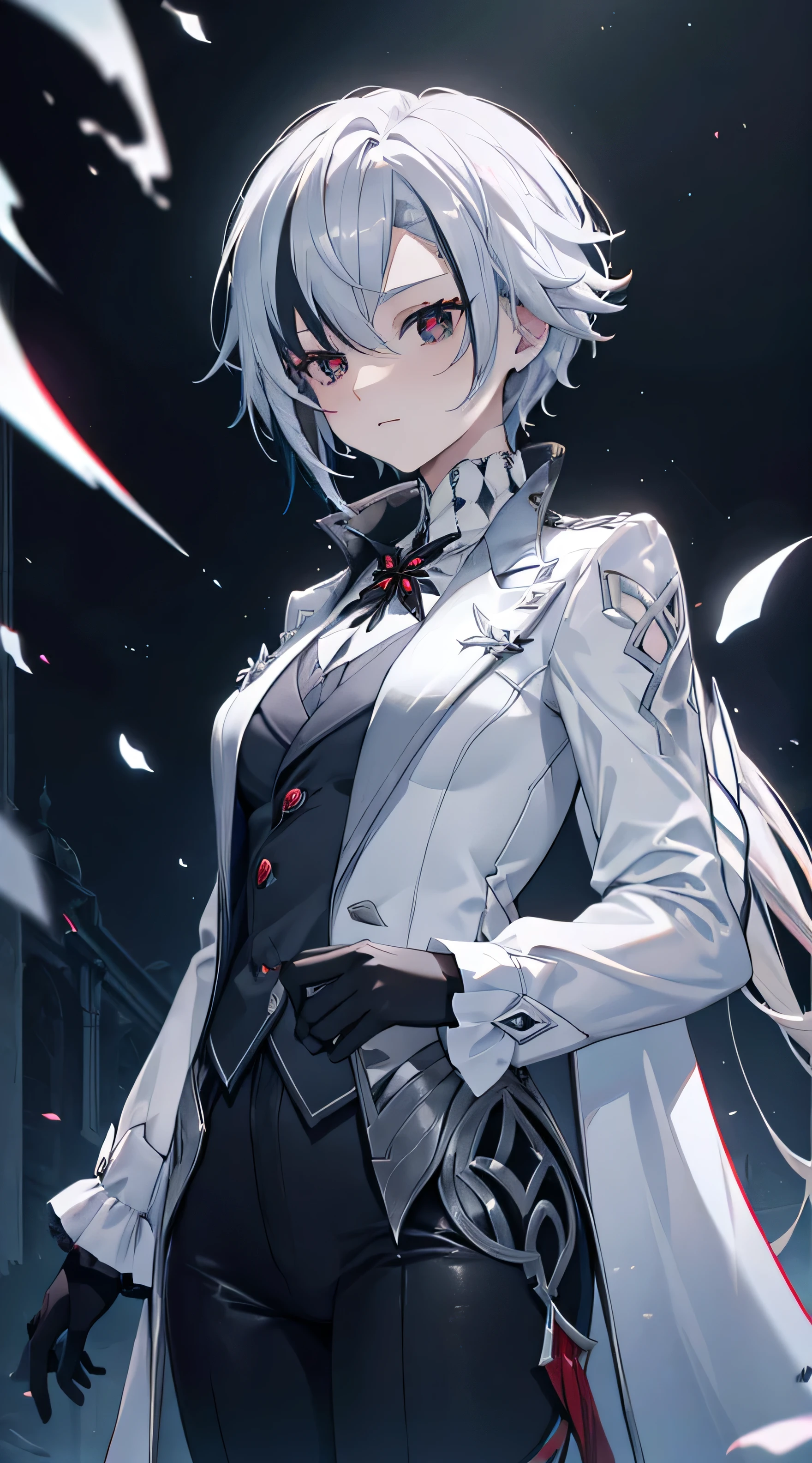 solo，girl，（（（Rose blanche））），white shirt，（（bandagens）），bloods，The screen contrast is low，High brightness，White hair，Rose flower，bloods，Light blue leaves，softlighting，misterious ambience，flood, arlecchino \(genshin impact\), 1girl, grey hair,multicolored hair, short hair,black eyes, x-shaped pupils,black gloves, long sleeves, grey jacket,grey bodysuit, black pants,