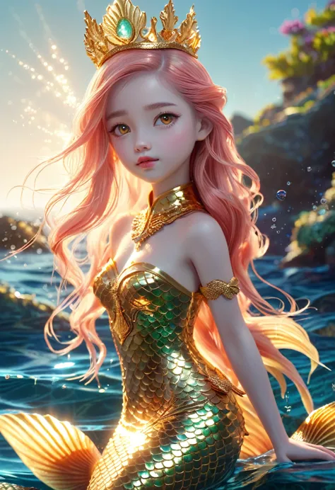 ((cuerpo entero, plano general:1.3)),1girl, beautiful mermaid princess, elegant mermaid dress, coral crown, sparkling crown, gol...