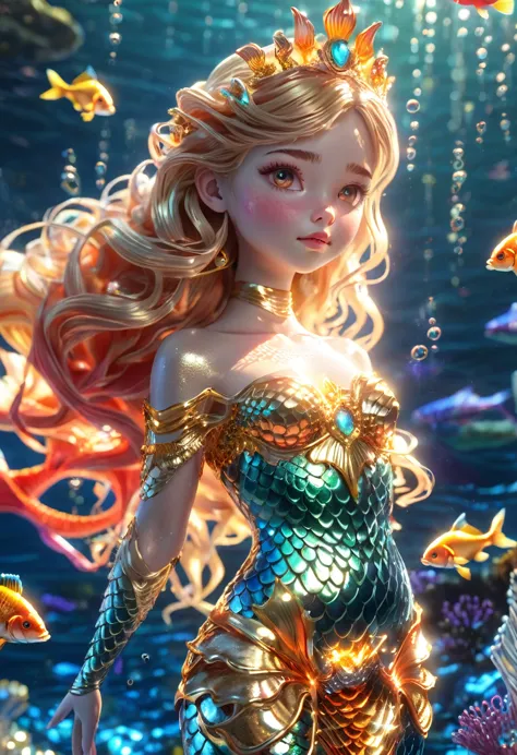 ((cuerpo entero, plano general:1.3)),1girl, beautiful mermaid princess, elegant mermaid dress, coral crown, sparkling crown, gol...