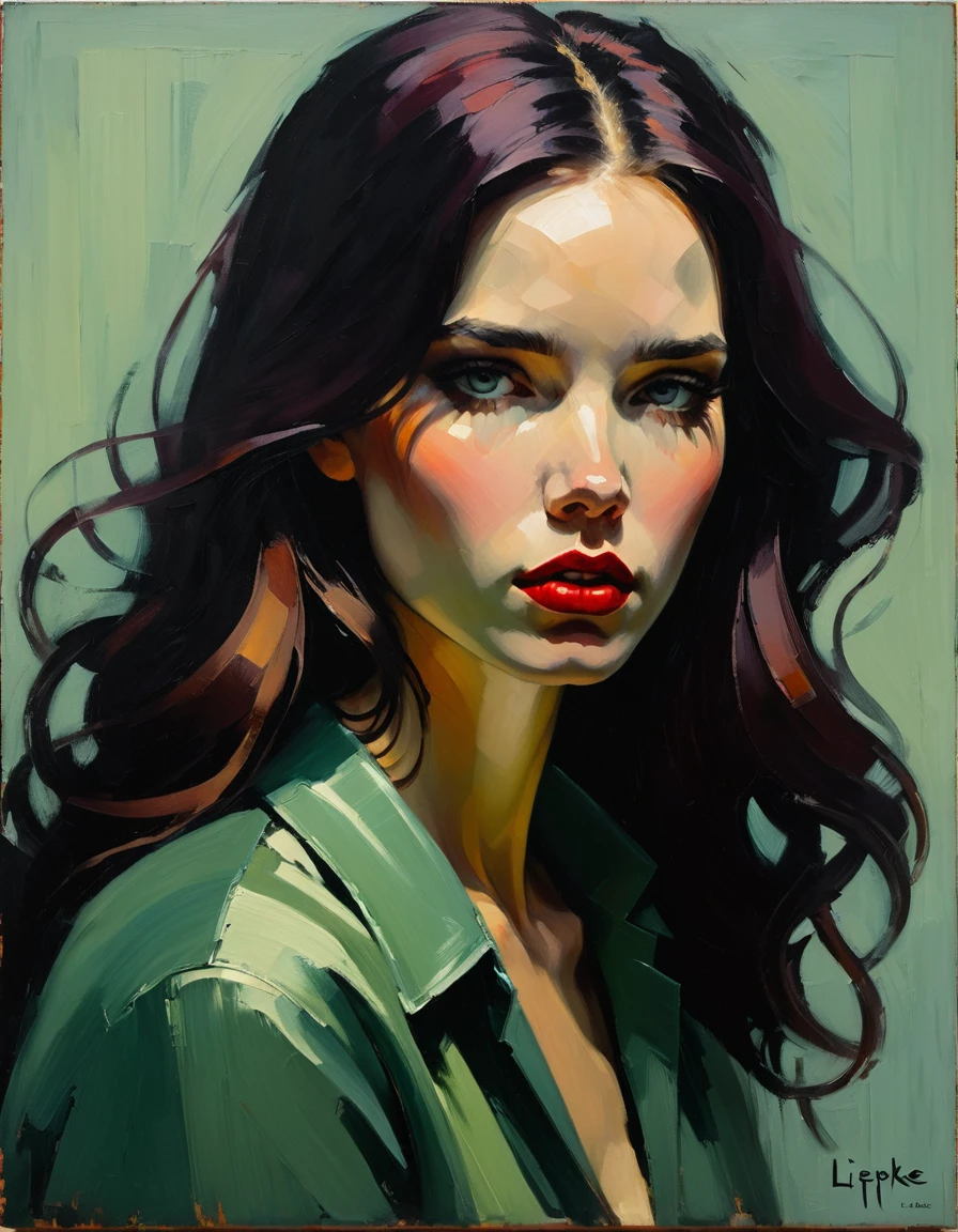 Crea una pintura al óleo evocadora inspirada en Malcolm Liepke, basado en la imagen proporcionada. Captura lo intenso, expresión introspectiva del tema del modelo usando gruesos, pinceladas expresivas y una paleta de colores apagados. Resaltar la profundidad emocional y la vulnerabilidad en la mirada del sujeto., enfatizando el juego de luces y sombras en su rostro. mantener una sencilla, Fondo texturizado que complementa la presencia contemplativa del sujeto.. Centrarse en la calidad táctil de la pintura al óleo para transmitir la emoción cruda y la intimidad características del estilo de Liepke.. Después de aplicar pintura espesa, usa un pincel seco para arrastrar sobre la superficie ligeramente. Esta técnica puede crear texturas interesantes al revelar las capas inferiores.