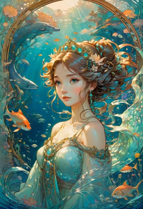 mermaid princess, by studio ghibli and alphonse mucha, best quality, masterpiece, very aesthetic, perfect composition, intricate...