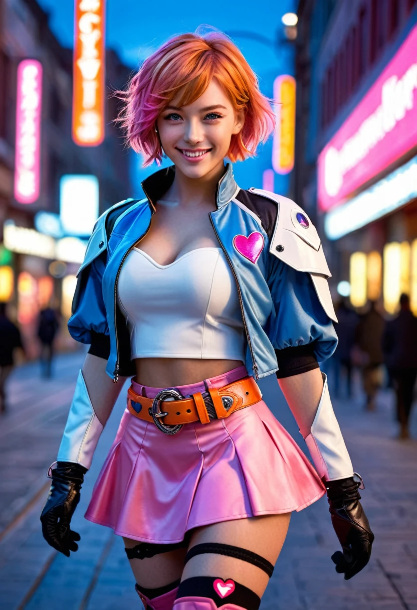 1girl,cowboy shot, beautiful nora_valkyrie, looking at viewer, smile, short hair, blue eyes,heart cutout, gloves,  jacket, pink skirt, pink belt, short sleeves, puffy sleeves, single armband, fingerless gloves, orange hair, pink gloves, dynamic pose, night, outdoors, city, (volumetric lighting), best quality, masterpiece, intricate details, tonemapping, sharp focus, hyper detailed, trending on Artstation,