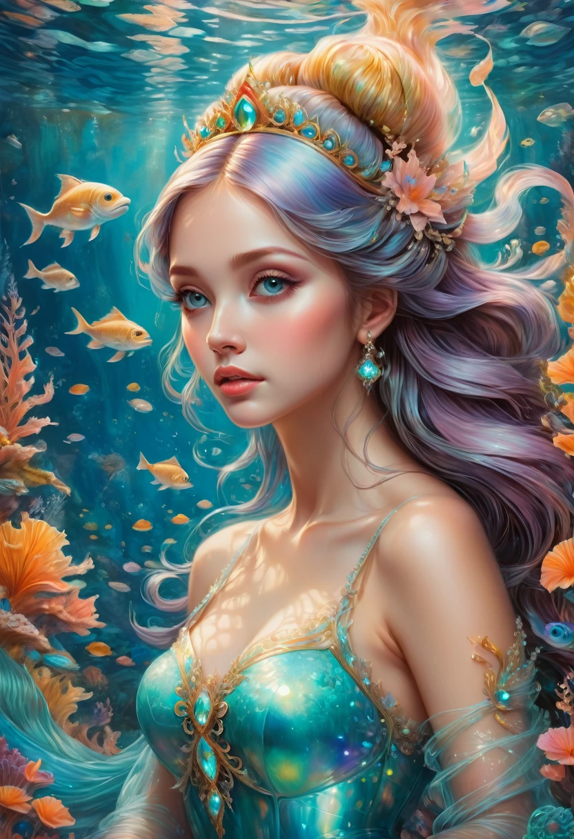 Princesa sereia, por Pastel Academia, melhor qualidade, Obra de arte, muito estético, composição perfeita, Detalhes intrincados, ultra-detalhado