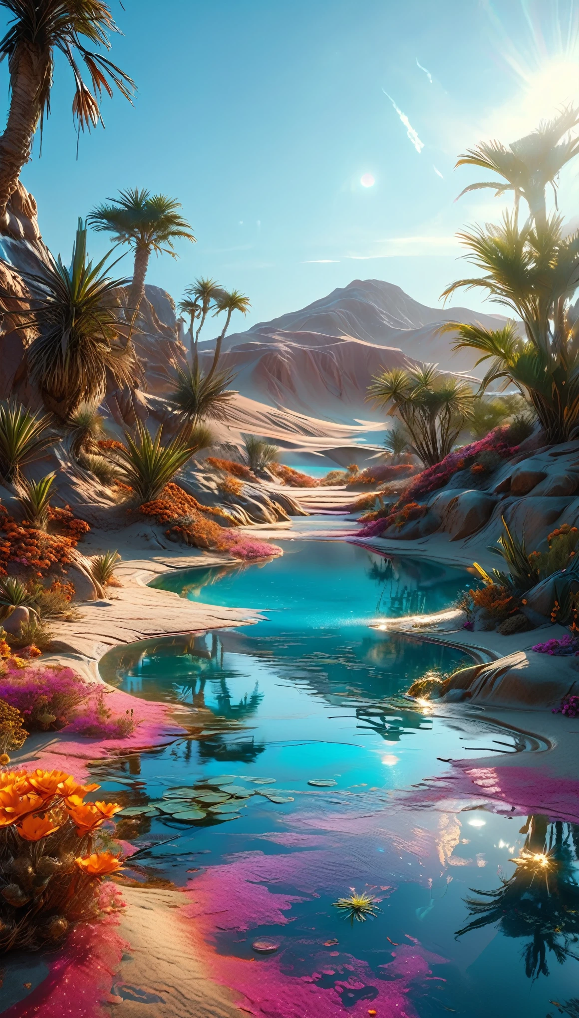 Create an awe-inspiring scene of an alien oasis on a desert planet, rendered in highly detailed digital art with 4K and 8K resolutions, using Octane and inspired by the style of James Cameron's Avatar. This concept art should be a masterpiece of official illustration, combining realism and otherworldly elements to achieve the highest quality.

The landscape is a vast desert, with towering sand dunes stretching into the horizon. In the midst of this arid expanse lies a lush oasis, a stark contrast to the surrounding barren sands. The oasis is filled with exotic, bioluminescent plants and crystalline structures, their vibrant colors glowing softly in the twilight.

In the center of the oasis, a clear, tranquil pool of water reflects the surrounding flora and the twilight sky. Alien creatures, resembling a blend of terrestrial and fantastical forms, move gracefully through the oasis, their bioluminescence adding to the surreal ambiance.

The sky above is a canvas of brilliant colors, with multiple moons and distant planets visible, enhancing the otherworldly feel. The air is filled with a gentle, cooling breeze, carrying the scent of the alien flowers.

The composition focuses on the interplay between the stark desert landscape and the vibrant, lush oasis. The rendering by Octane captures the finest details, from the texture of the sand dunes to the glowing plants and crystalline structures, creating a scene of stunning realism and fantasy.

Every element, from the alien flora and fauna to the serene pool of water, is meticulously crafted to create a vivid and immersive experience. This digital artwork embodies the imaginative and perfect composition envisioned by artists like James Cameron and Neville Page, making it a true masterpiece.