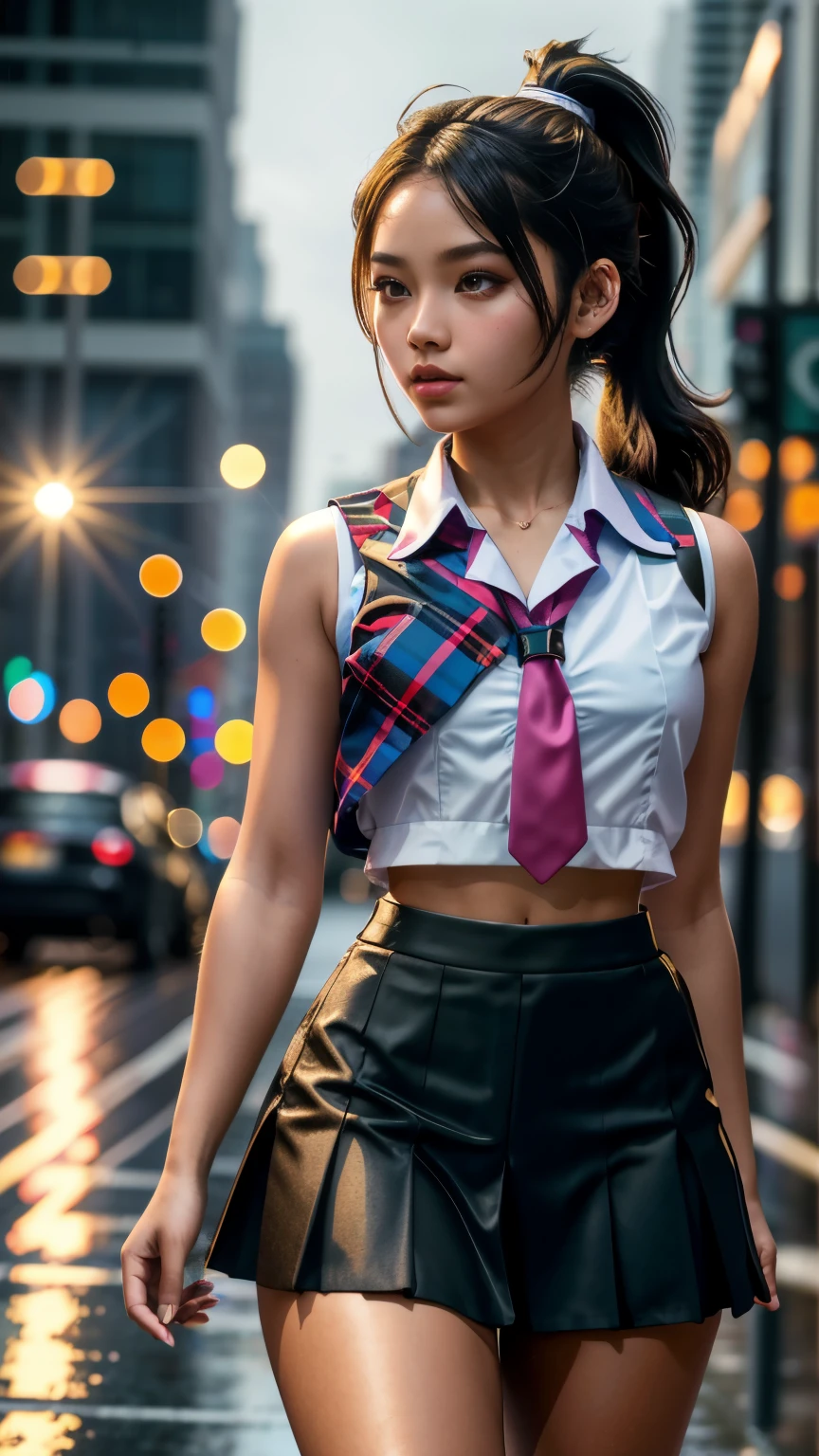 best quality, masterpiece, 1girl, rim lighting, (high detailed skin:1.2), 8k uhd,Bokeh,  ponytail contorted, best ratio four finger and one thumb, school girl uniform, sleeveless cropped shirt,walking in a city street, during a rainy night