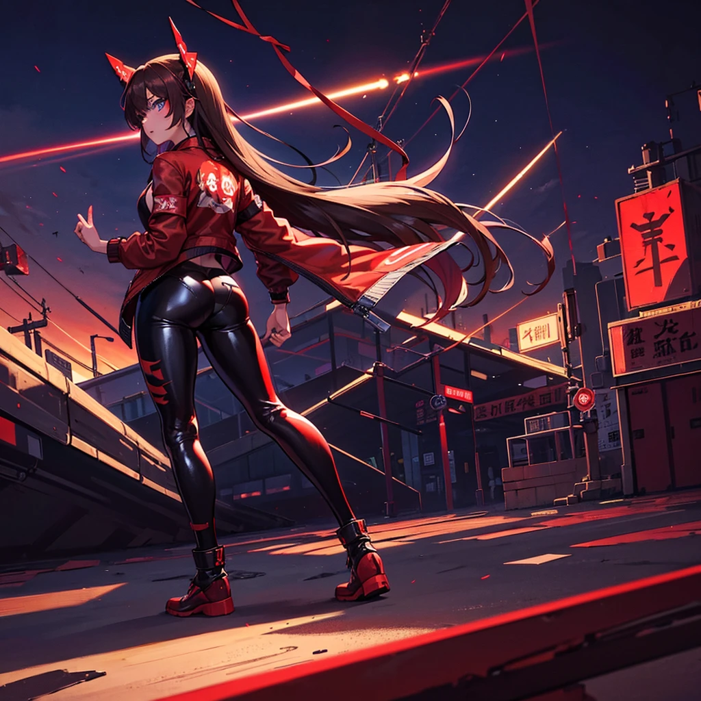 1 girl, Reimu Hakurie, touhou, masterpeice, brown hair, neon blue eyes, glowing eyes, red eyeliner, alternate costume, red bomber jacket, dark red tight leather pants, cyber punk art style, cyber punk background