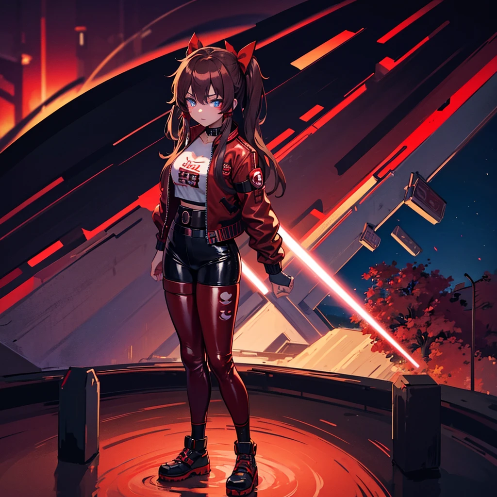 1 girl, Reimu Hakurie, touhou, masterpeice, brown hair, neon blue eyes, glowing eyes, red eyeliner, alternate costume, red bomber jacket, dark red tight leather pants, cyber punk art style, cyber punk background