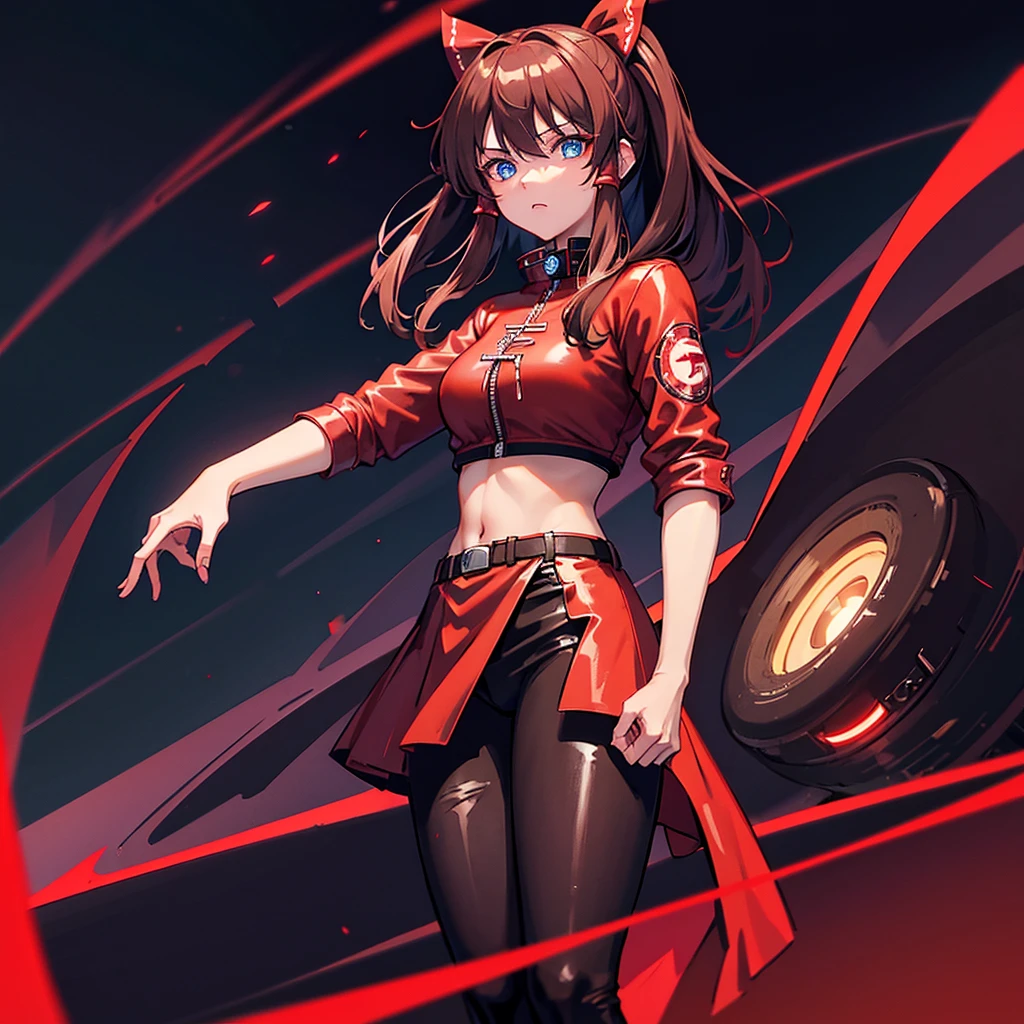 1 girl, Reimu Hakurie, touhou, masterpeice, brown hair, neon blue eyes, glowing eyes, red eyeliner, alternate costume, red bomber jacket, dark red tight leather pants, cyber punk art style, cyber punk background