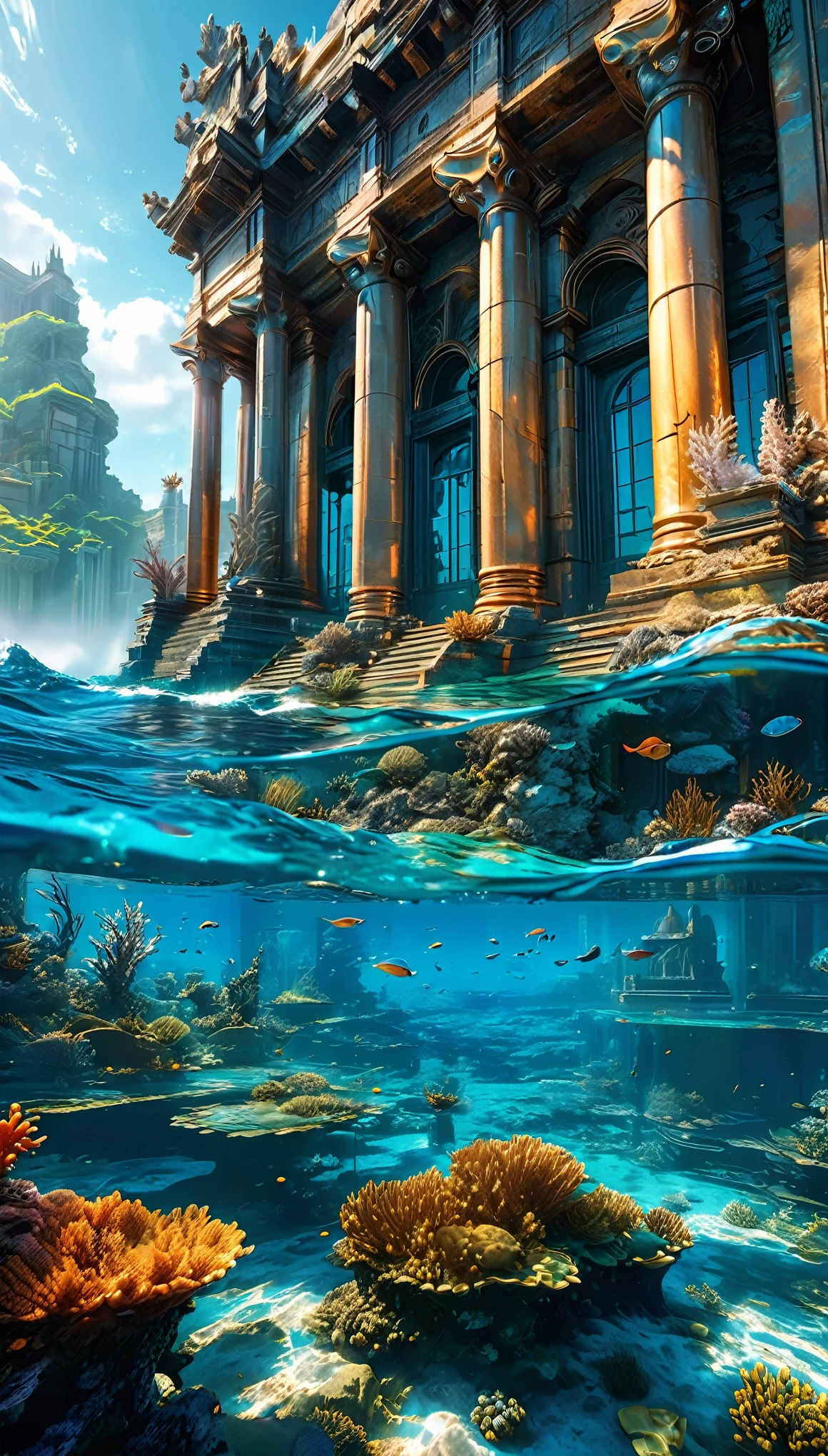 create an epic scene of the submerged city of Atlantis, rendered in highly detailed digital art with 4K and 8K resolutions, using Octane and inspired by the style of Aquaman. This concept art should be a masterpiece of official illustration, merging realism and mythical elements to achieve the highest quality.

The landscape is an underwater marvel, with the grand, ancient city of Atlantis sprawled across the ocean floor. Majestic structures, adorned with intricate carvings and bioluminescent corals, rise from the depths, their spires reaching towards the surface. The city is bathed in a surreal, bluish light that filters through the water.

Schools of vibrant fish and graceful sea creatures swim through the city, adding life and movement to the scene. Bioluminescent plants and corals cast an ethereal glow, illuminating the intricate architecture and creating a dreamlike atmosphere.

In the distance, towering cliffs and underwater mountains loom, their shadows adding depth and mystery to the landscape. The water is crystal clear, revealing the detailed textures of the ancient buildings and the diverse marine life.

The composition captures the grandeur of the Atlantean architecture and the delicate details of the marine flora and fauna. The rendering by Octane highlights the textures of the corals, stone structures, and sea creatures, bringing the submerged city to life with stunning realism and fantasy.

Every element, from the majestic buildings to the vibrant marine life, is meticulously crafted to create a vivid and immersive experience. This digital artwork embodies the mythical imagination and perfect composition envisioned by artists like H. R. Giger and Alex Ross, making it a true masterpiece