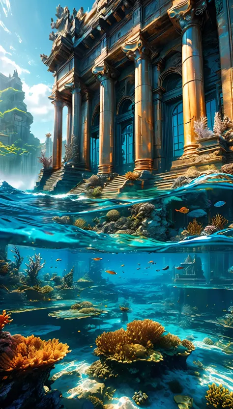create an epic scene of the submerged city of Atlantis, rendered in highly detailed digital art with 4K and 8K resolutions, usin...